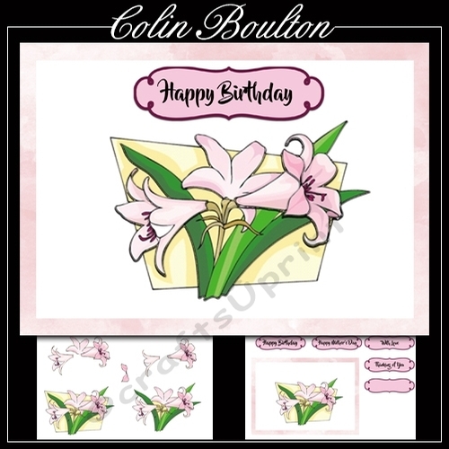 Floral Lillies, 5 layer Decoupage Card topper 7 x 5
