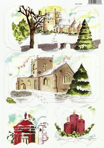 2 x 2155DC - Watercolour Church and Candles - DIE CUT CRAFT SHEET