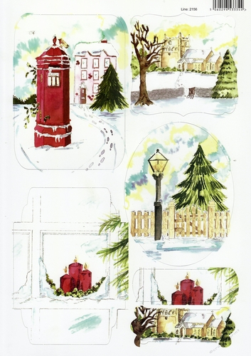 2 x 2156DC - Snow Scenes with Letter Box Village Church Lantern and Candles DIE CUT CRAFT SHEET