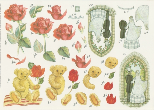 2 x 579CD - Wedding Teddy Bear and Red Rose - A4 Step by Step Printed Craft Sheet - Not Die Cut