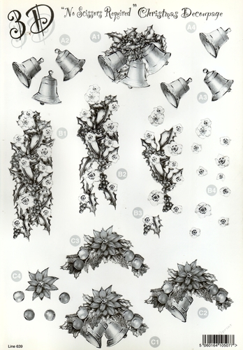 2 x 639DC - Christmas themed with Bells Holly Poinsetter Monochrome - DIE CUT CRAFT SHEET