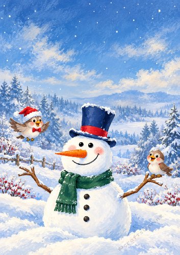 Snowman with Love Birds