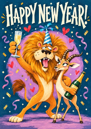 Drunk Lion Humorous New Year Card