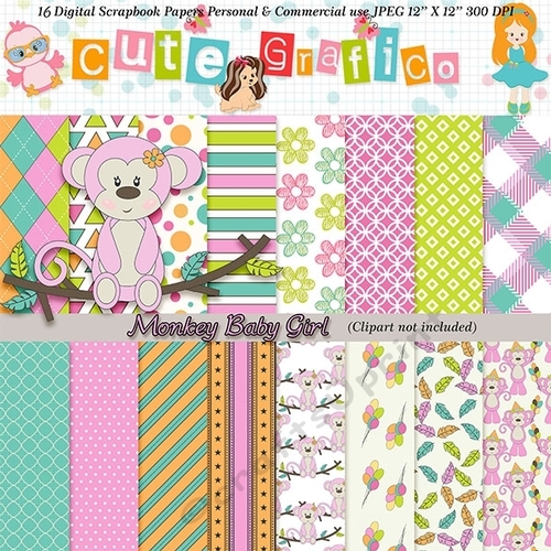 Monkey Baby Girl Digital Papers -Party Printables Birthday Papers