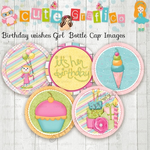 Birthday Wishes Girl Bottle Cap Images, 1 INCH Round Images - PRINTABLE Instant Download- Inch Bottle Cap Image/Digital Collage sheet