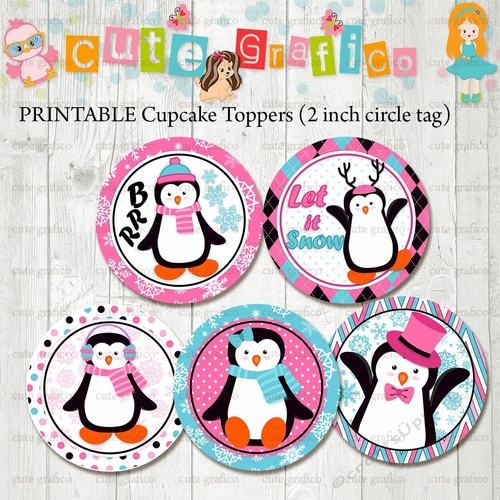 Printable Penguins Cupcake Toppers, Penguins stickers, Winter Penguins, Penguin toppers,