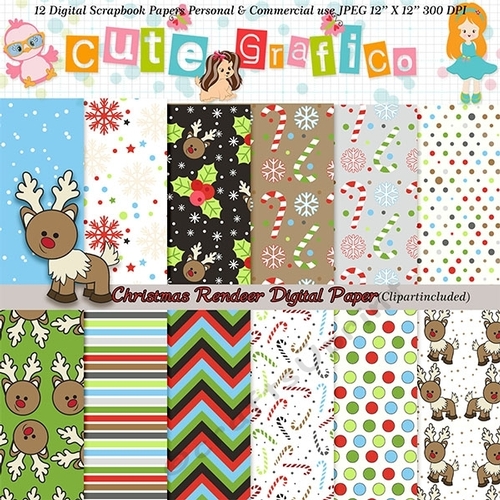Christmas Digital Papers- Reindeer Digital Scrapbook Papers - Reindeer Digital Printable Papers - Reindeer -candy canes Digital Papers