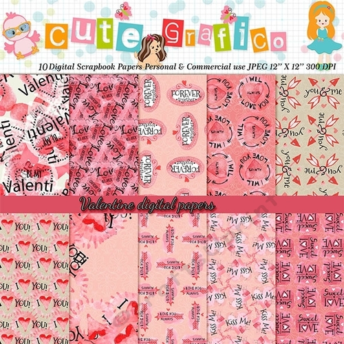  Digital Papers for Valentines Day -10 printable Digital Scrapbooking papers -commercial use, scrapbook papers