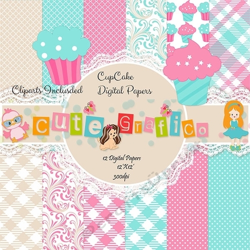 50% sale Cup Cakes Digital Papers 12x12, for Printables party, sticker, scrap books, invitations Commercial Use