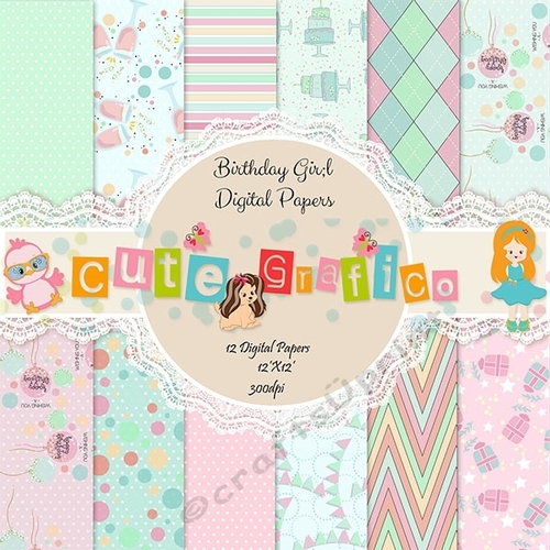 50% sale Birthday Party Digital Papers, Girls Pastel Birthday, Balloons Papers, Party Hats Scrapbook Papers, commercial use,