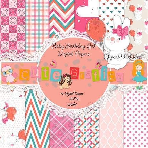 50% sale Baby Birthday Girl Digital Papers, Girls Pastel Birthday, Balloons Papers, Party Hats Scrapbook Papers, commercial use,