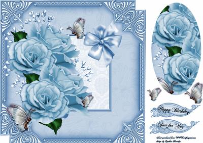8x8 Blue Roses and Butterfly