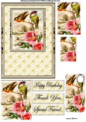 Vintage Birds Sitting on Rose Branch