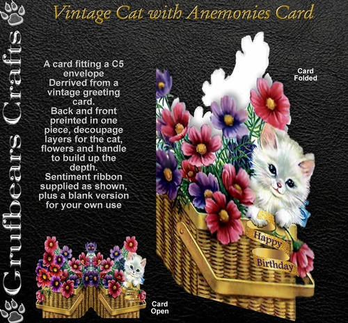 Vintage Cat with Anemonies Card
