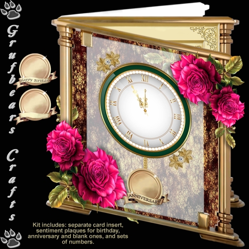 Glass and Brass Clock Card - Cerise Floribunda
