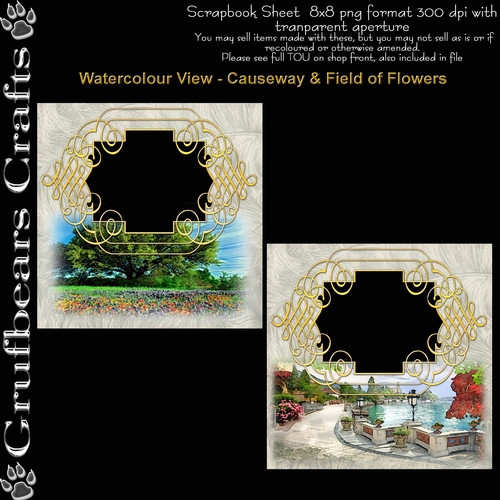 Quick Pages/Card Fronts Watercolour View - Causeway & Field of Flowers
