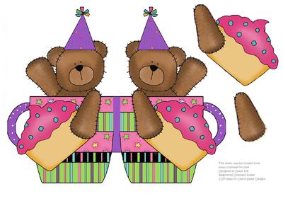 Birthday Bear and Cupcake - Shaped Card