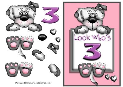Cute Puppy in Pink Age 3 Card Front