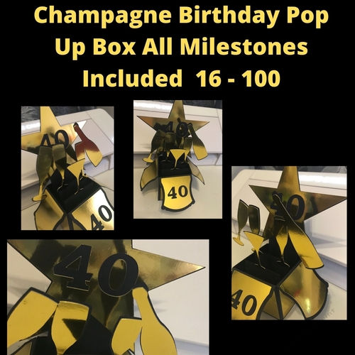 3d Pop Up Box, Champagne and Glasses, every Milestone from 16 - 100 included