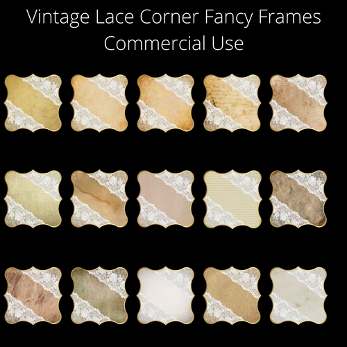 15 Fancy Frames Vintage Lace Corners Gold Border 8x8 Commercial Use