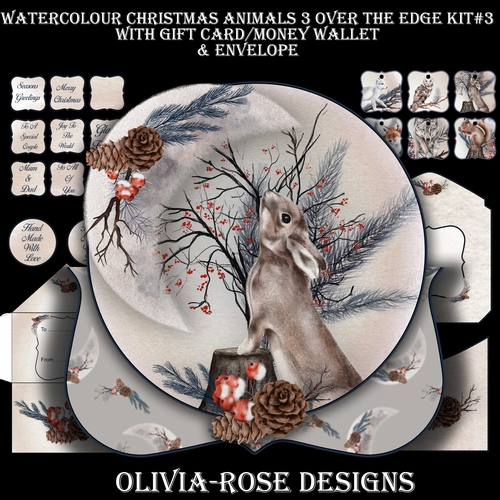 Watercolor Christmas Animals 3 Over The Edge Mini Kit #3   AND AN  TOPPER   JUST THE IMAGE**