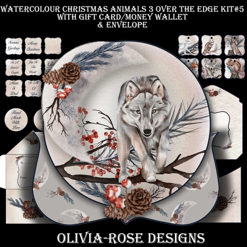 Watercolor Christmas Animals 3 Over The Edge Mini Kit #5   AND AN  TOPPER   JUST THE IMAGE**