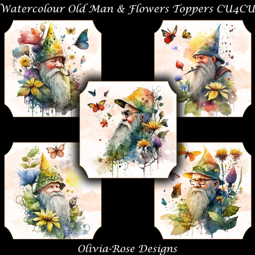 5 Watercolour Old Man with Flower Toppers   