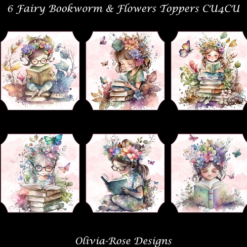 6 Fairy Bookworm with Flowers Toppers   