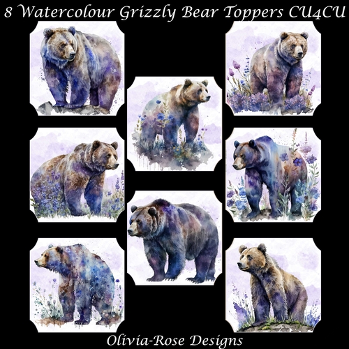 8 Watercolour Grizzly Bear Toppers   