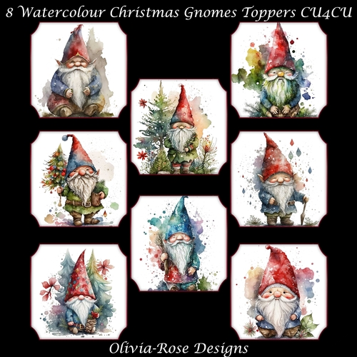 8 Watercolour Christmas Gnome Toppers   
