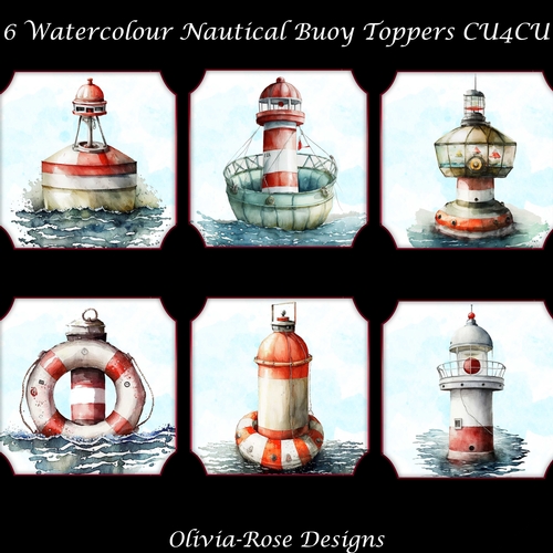 6 Watercolour Nautical Buoy Toppers   