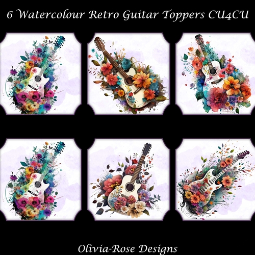 6 Watercolour Retro Guitar Toppers   