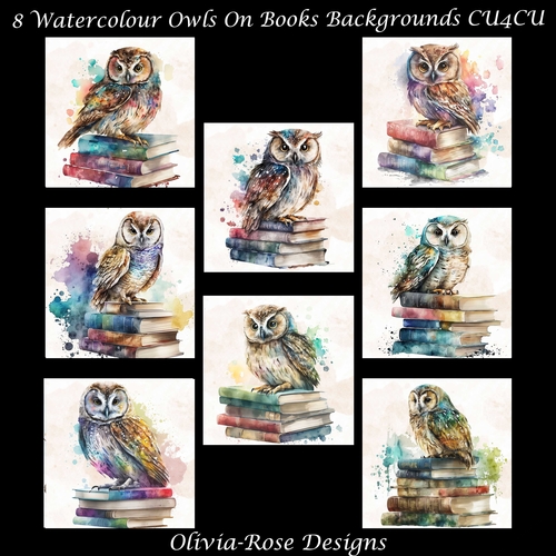8 Watercolour Owls On Books Backgrounds   