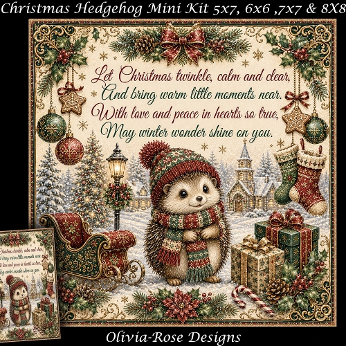 Christmas Hedgehog Mini Kit **Includes 5X7, 6x6, 7x7 8X8 Card Bases**   