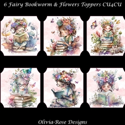 6 Fairy Bookworm with Flowers Toppers   