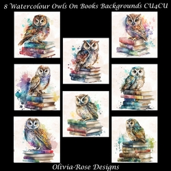 8 Watercolour Owls On Books Backgrounds