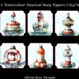6 Watercolour Nautical Buoy Toppers