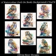 8 Watercolour Owls On Books Backgrounds