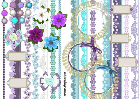 Lilac, Blue & White Bows, Brads, Frames, Tags & Lace