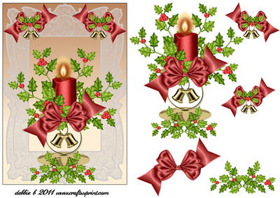 Festive Red Candle, Holly Berries and Bells