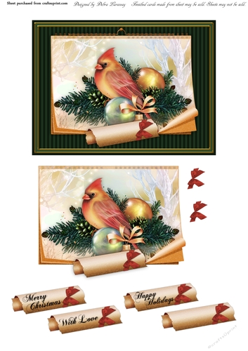 Cardinal in Evergreens with Baubles Calendar Christmas Holiday Winter Easy Quick Cards