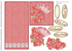 Pink Roses and Fan Mini Easel Valentine Birthday Card for Mom Wife Friend Women