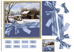 Snow Scene 2 traditional Christmas scene winter cabin and sled easy cut quick decoupage card
