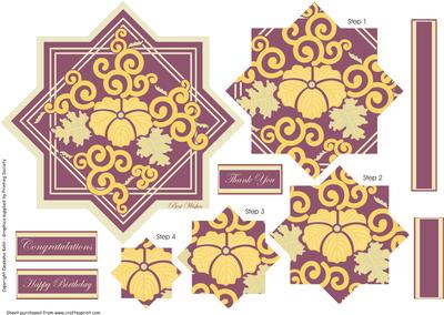 Layered Squares, Oriental Flowers, Pyramid Card. Purple