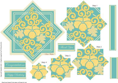 Layered Squares, Oriental Flowers, Pyramid Card. Blue