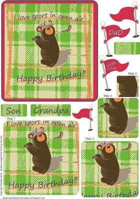 Bear Playing Golf. Happy Birthday Pyramid Card