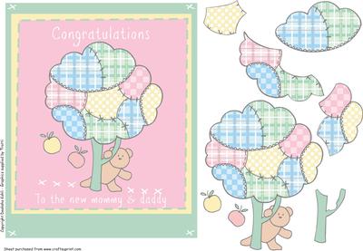 Patchwork Flower Teddy Baby Card