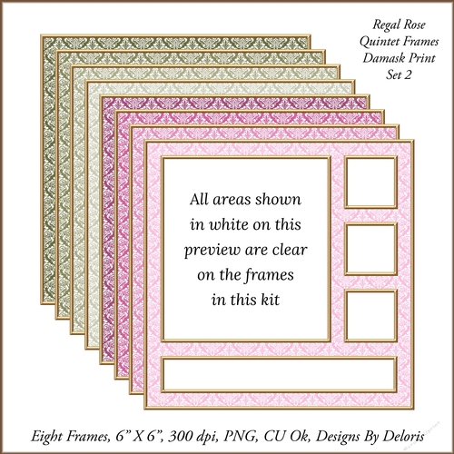 Quintet Frames Set 2 Damask Print (Regal Rose Color Palette)