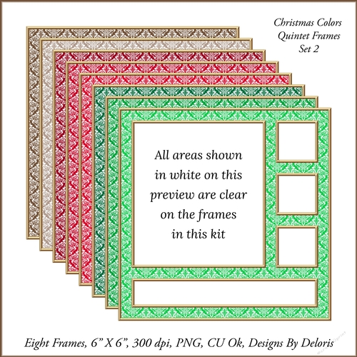Quintet Frames Set 2 Damask Print (Christmas Colors Palette)