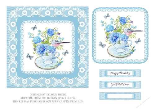 Lovely watercolor floral teacup birthday or get well topper (blue)